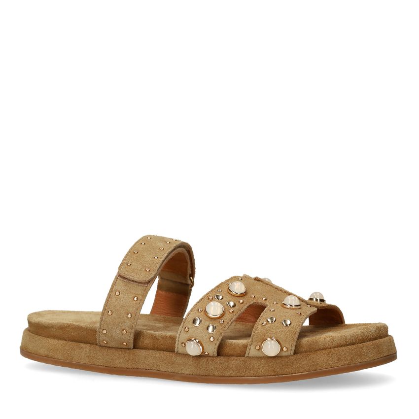Manfield Cognac suède slippers met bandje