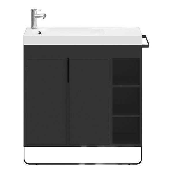 Meuble vasque faible profondeur noir avec porte-serviettes l.85 x H.82 x P.36 cms   plan vasque blanc résine, GoodHome Maza