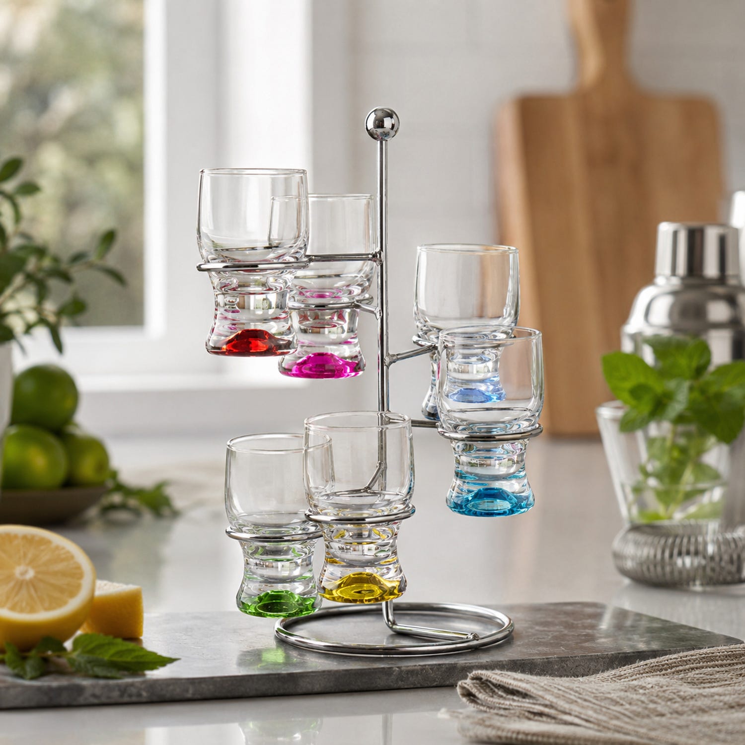 Set 6 bicchierini liquore vetro colorati con stand