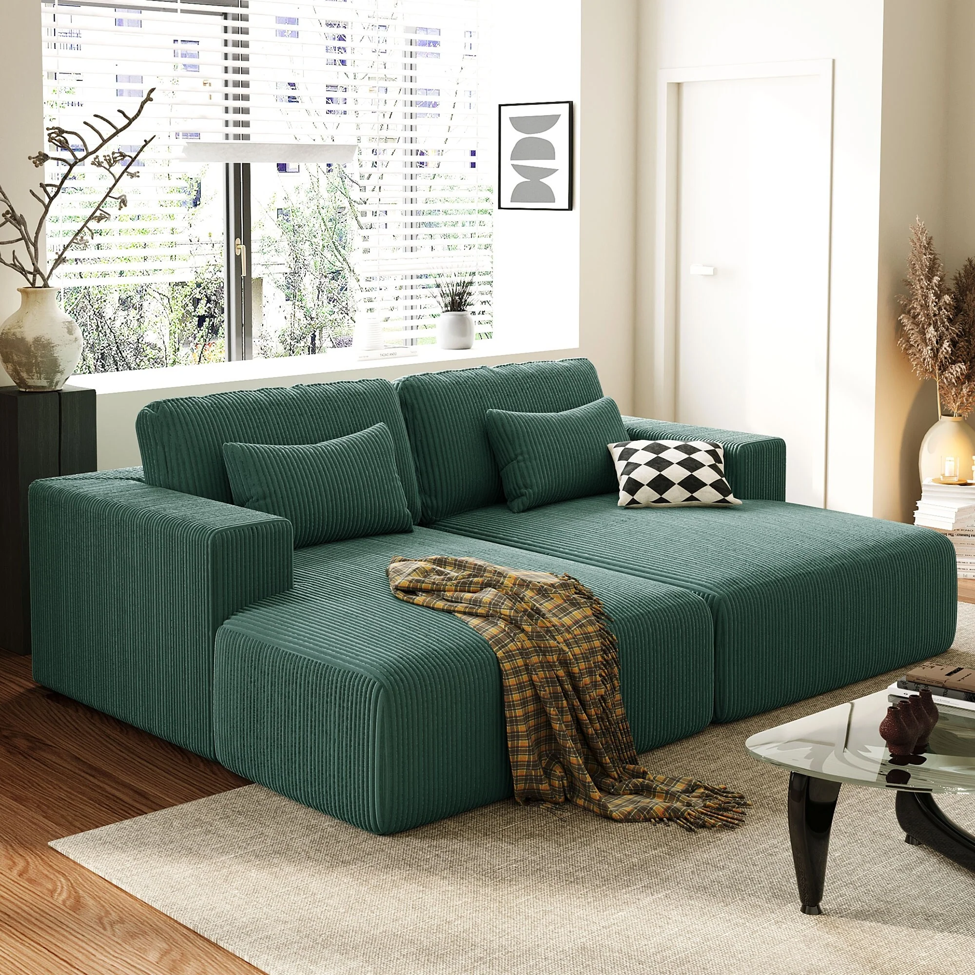Corduroy Double Sofa Bed Sectional Couch with 2 Pillows,.Upholstered Corner Chaise 2 Seat Modern Sofa Lounge Couches