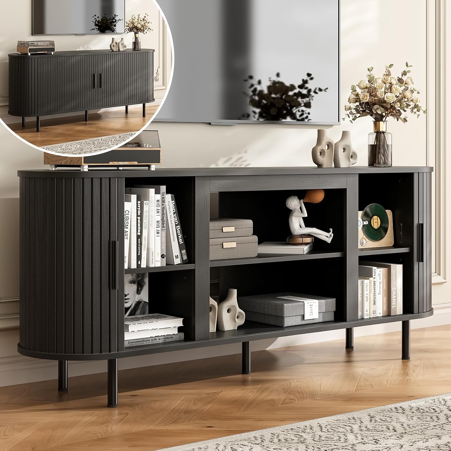 65'' Tv Stands for Living Room, Entertainment Center with Storage, Adjustable Shelves and Sliding Doors, Tv Stand Tv Console for Living Room,Bedroom (Black)
