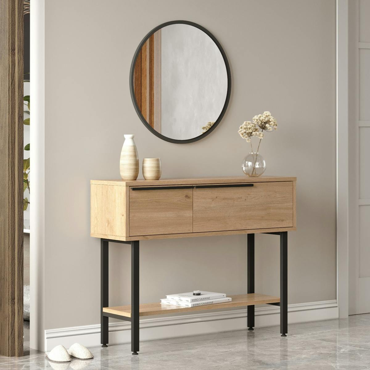 Console d'entrée rangement 2 portes décor bois et miroir JENA