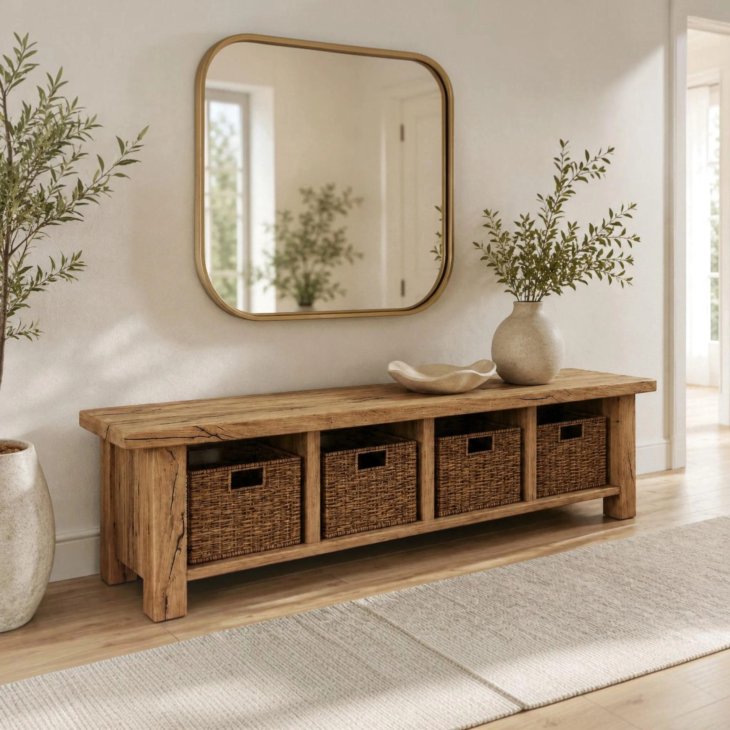 Reclaimed Oak Storage Bench, Wabi Sabi Entryway Seat with Open Compartments