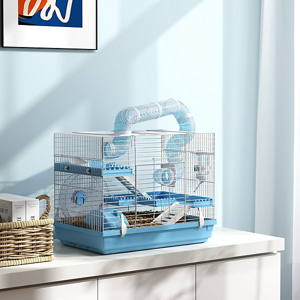 Cage pour hamster portable 2 portes 2 étages nombreux accessoires et tubes blanc bleu