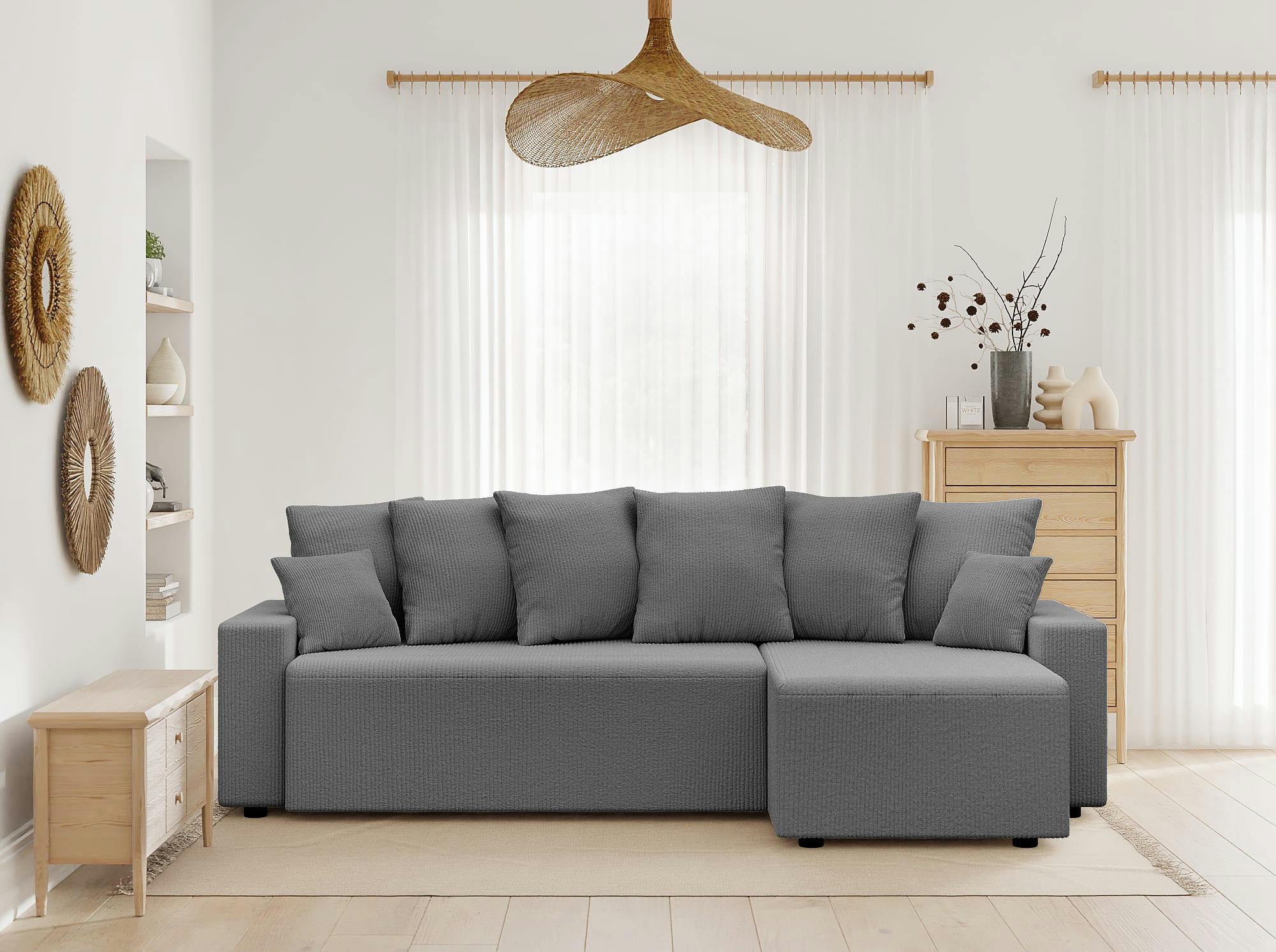 ALMA - Canapé d'angle convertible en velours côtelé 4 places gris souris