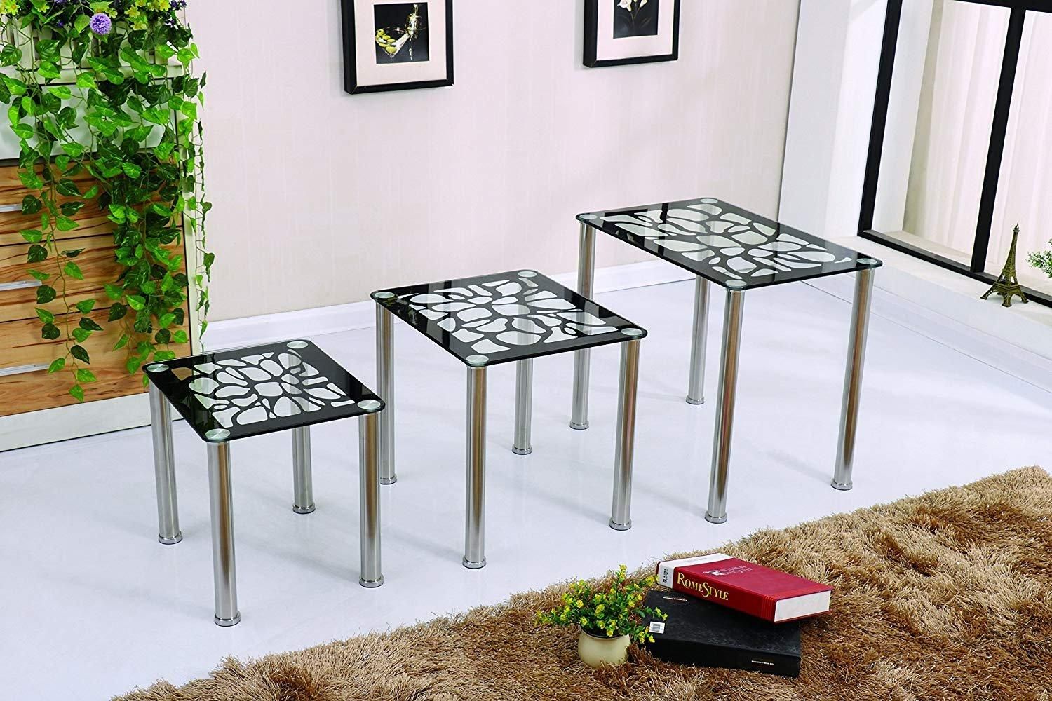 Modernique Tempered Glass Nest of 3 Tables Set with Chrome Frame