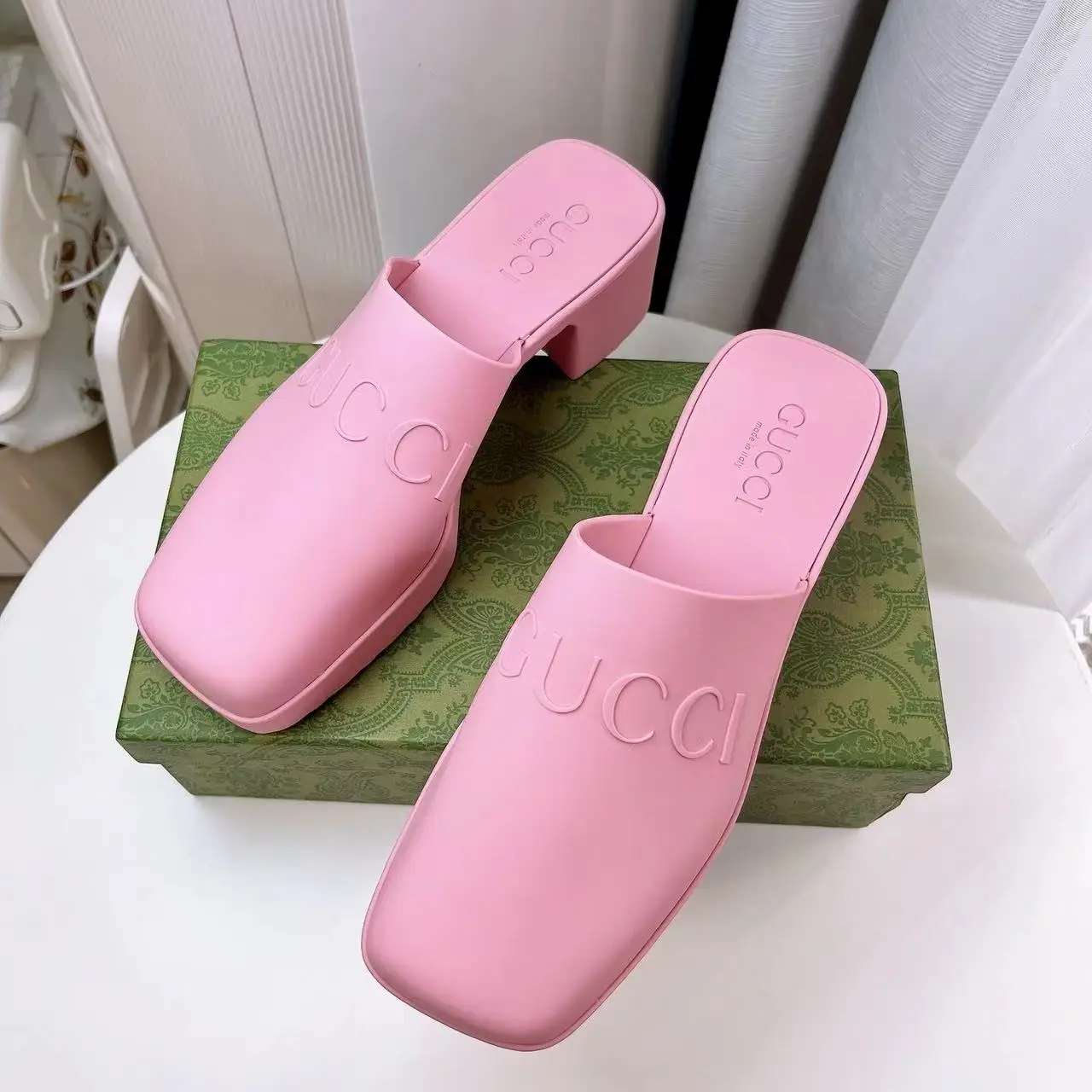 Gucci Shoes Open-Heel Bun Embossed Logo Chunky Heel Slide Sandal