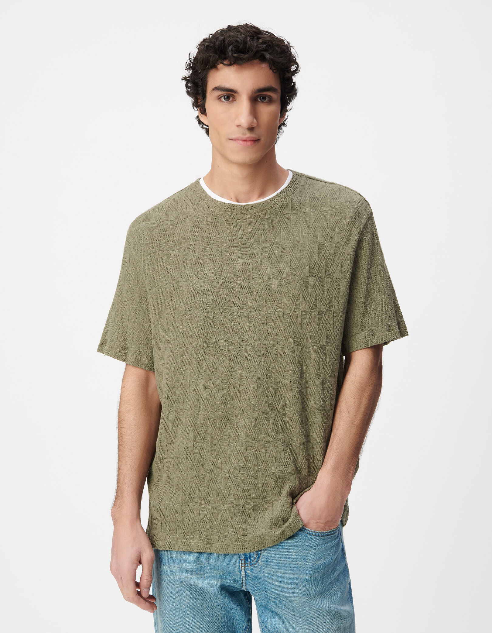 T-shirt col rond kaki maille relief Homme
