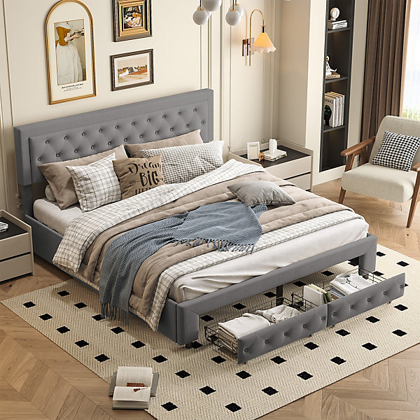 Lit coffre 180x200 avec 2 tiroirs, Lit rembourré avec sommier à lattes, tissu en velours et décoration de boutons, gris