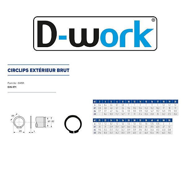 200 Circlips Extérieurs D. 14 mm - DIN 471 - Brut - D-Work
