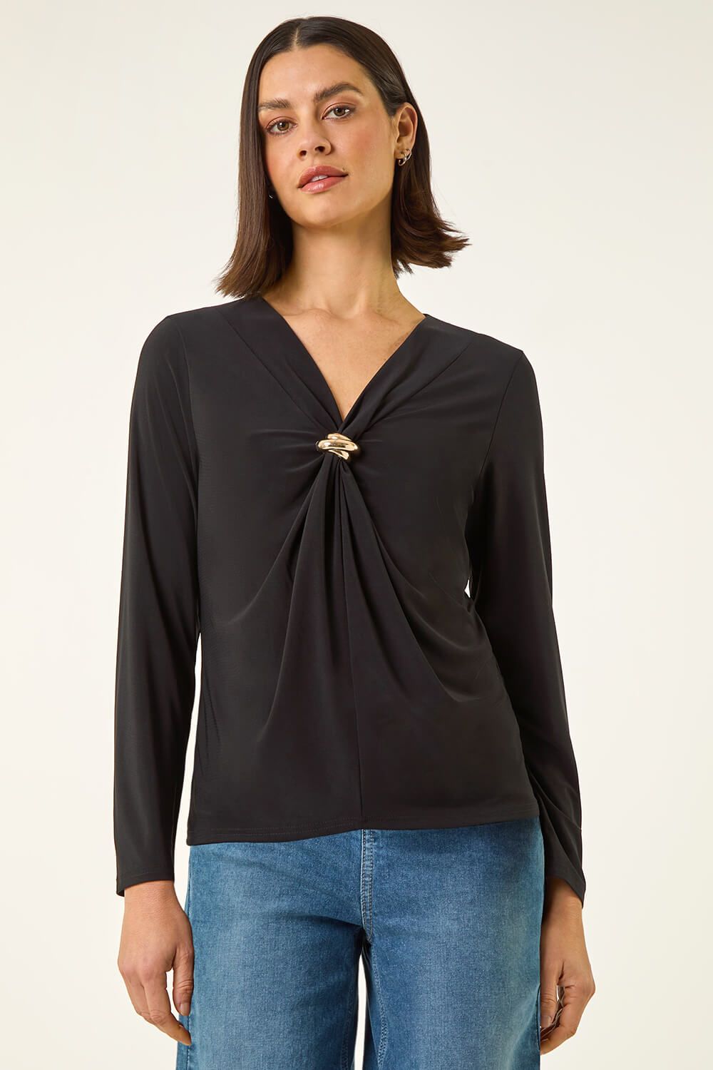Roman V-Neck Metal Trim Stretch Top