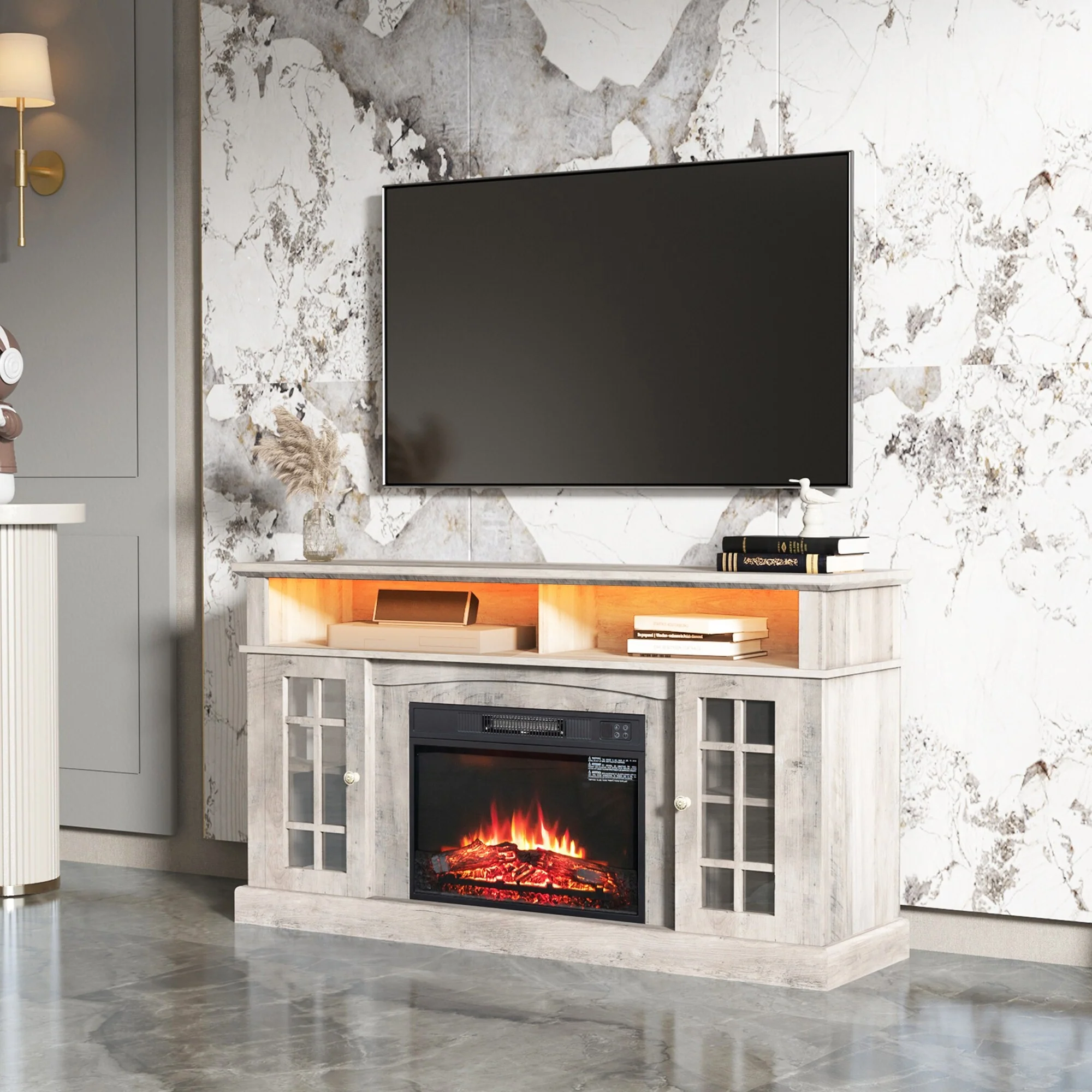 Gray 58 American Fireplace TV Stand with Electric Fireplace for TVs Up to 65
