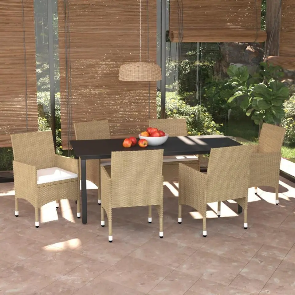 vidaXL - 7-delige Tuinset met wit kussens - Beige poly rattan - 190x90 cm