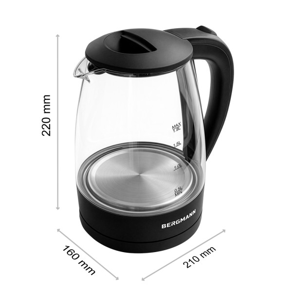 Czajnik Elektryczny Szklany BERGMANN1,8L 2200W Czarny