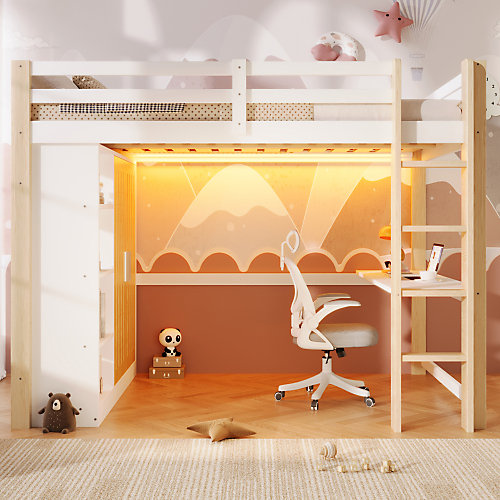 Lit mezzanine 140x200 cm avec LED - avec armoire - avec étagères et bureau - blanc   naturel (matelas non inclus)
