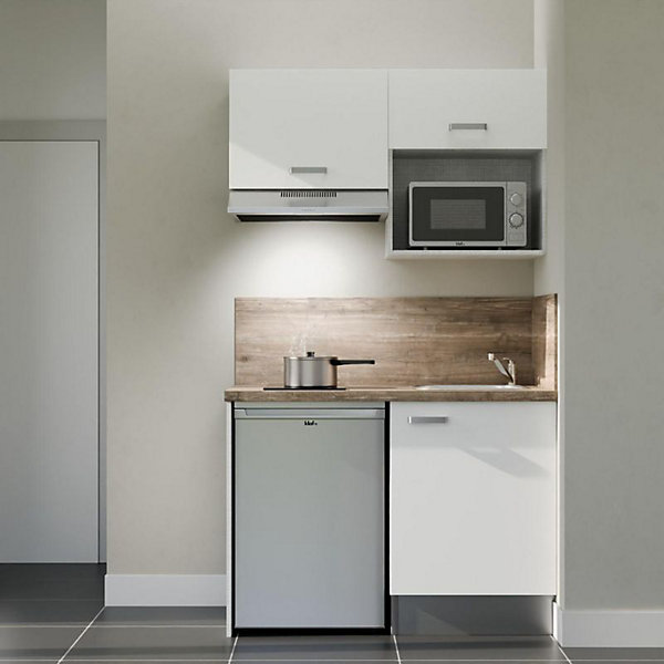 Kitchenette K02 façades Blanc - Plan de travail Bois - Crédences : Oui - Evier inox - Electroménager Inox inclus