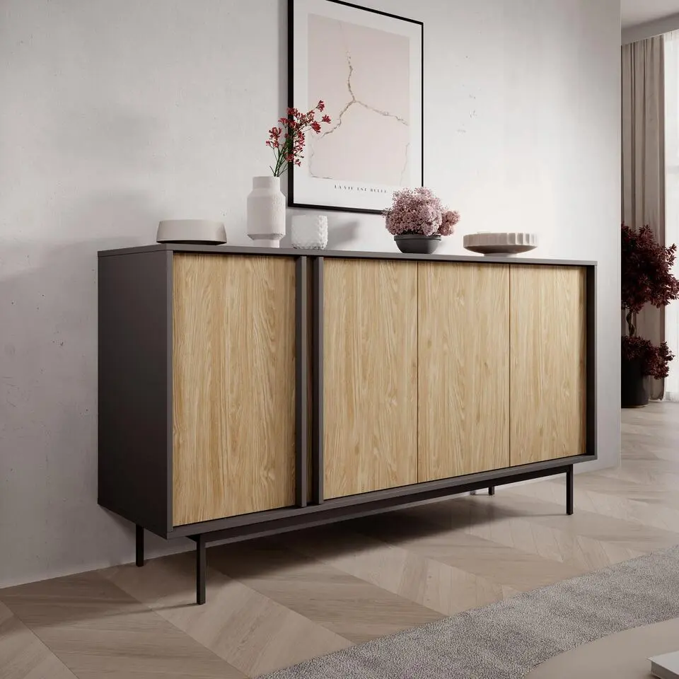 Meubella - Antigo - Dressoir - Eiken/Antraciet - 163x43x87 cm