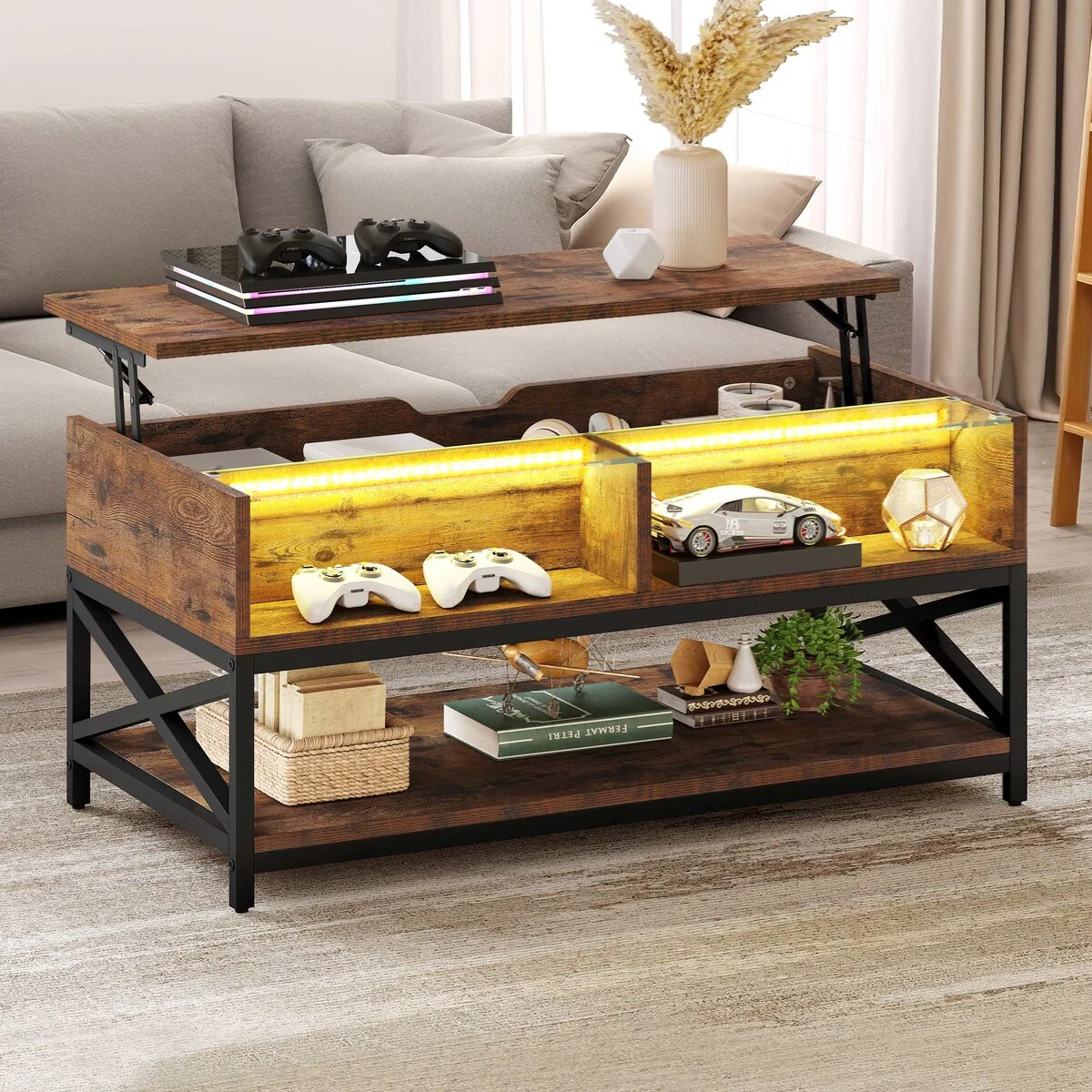 Moasis Farmhouse Lift Top LED Coffee Table with Hidden Storage and Glass Shelves