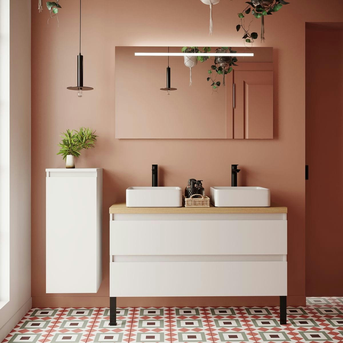 HUDSON - Meuble salle de bain 2 vasques posées 120cm 2 tiroirs Blanc