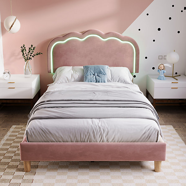 Lit simple 90x190 cm - Lit capitonné avec tête de lit LED réglable - Velours - Sans Matelas - Rose