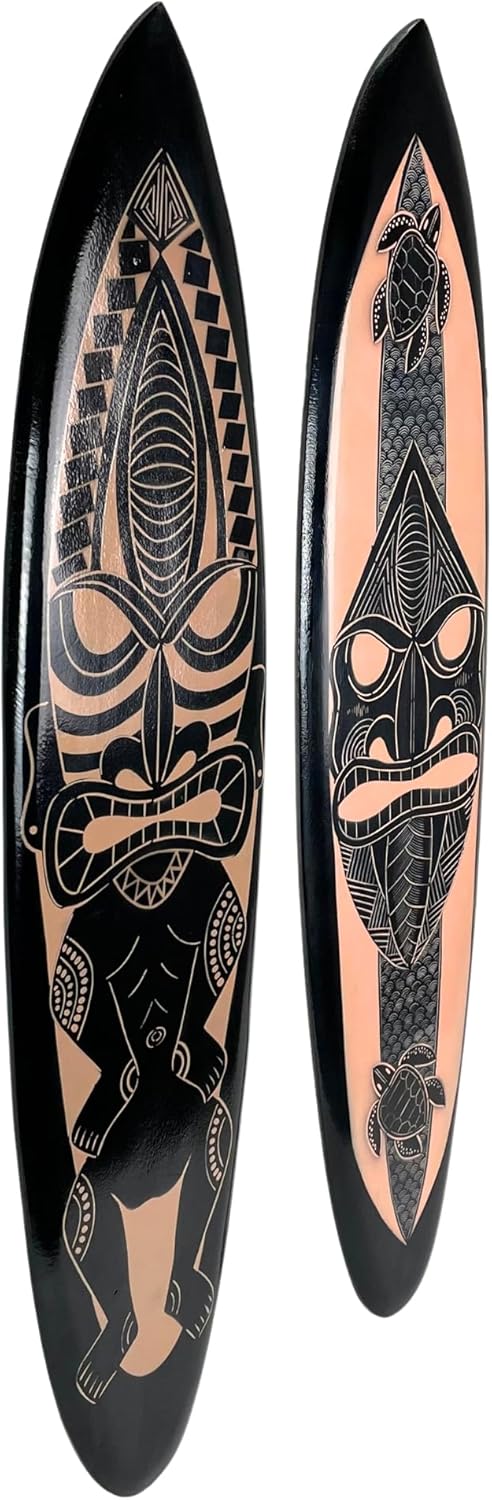 Things2Die4 Decorative Set of 2 Wall-Hanging Surfboards – Hand-Carved Wood with Tiki Mask Designs – Black with Natural Brown Accents – 39 inches Long – Tropical Island Inspired Wall Art