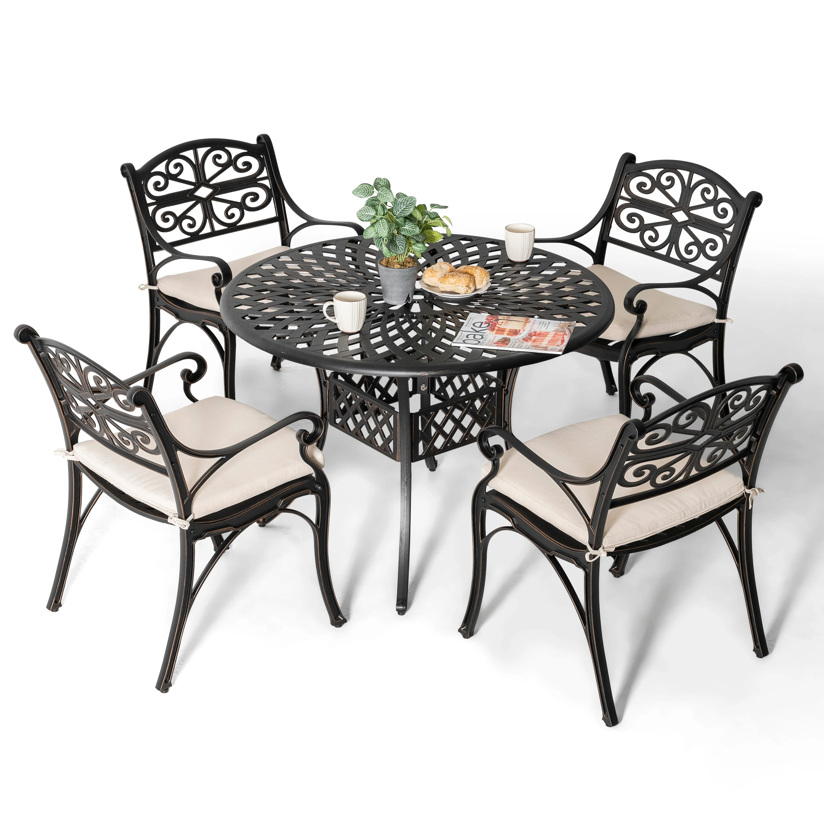 Patio 5 Pieces Cast Aluminum Dining Set with Umbrella Hole and Cushions