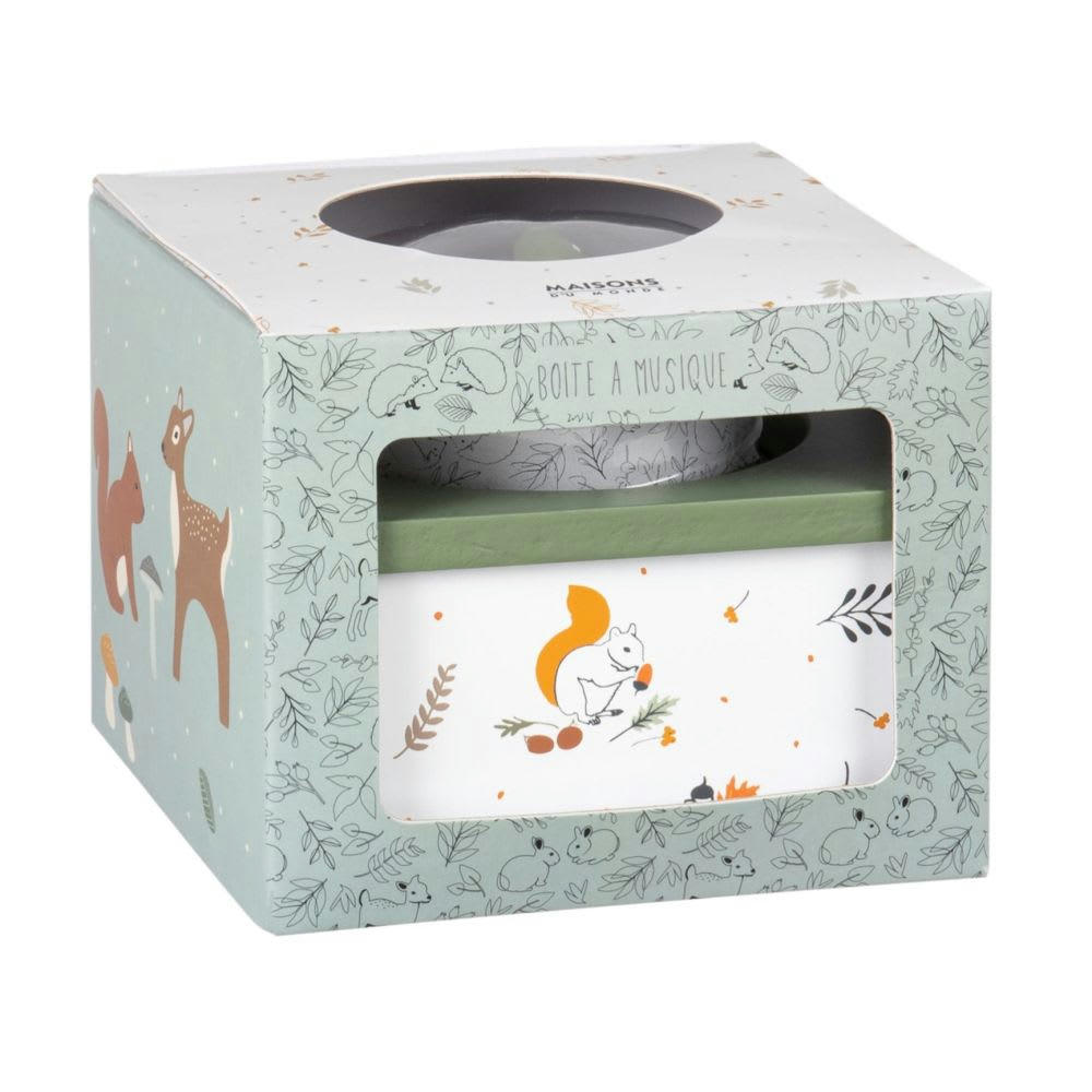 MIMIZAN - Boîte à musique écureuil et champignon verte, blanche et orange