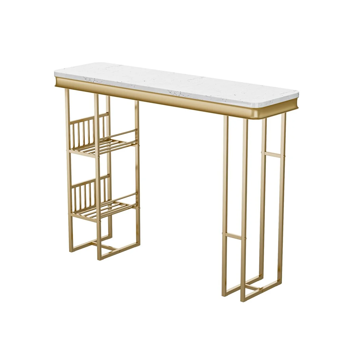 Merax Modern Straight Bar Table with Shelves, White & Gold