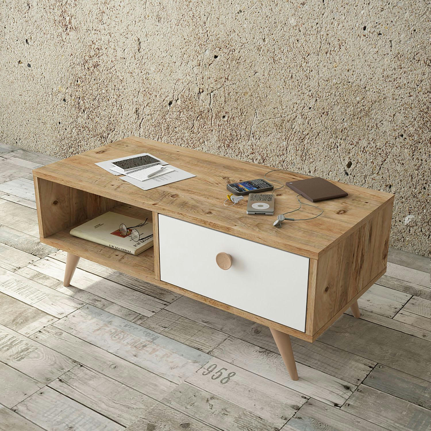 - Table basse avec 1 niche de rangement et 1 tiroir en panneaux de