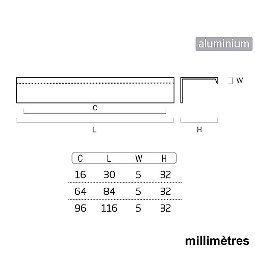8 Un. poignées de meuble cuisine et salle de bain profilaluminium anodisé Ext. 30X8MM - - entraxe16MM