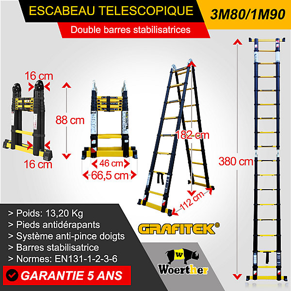 Escabeau-échelle télescopique Woerther 3m80/1m90 avec double barres stabilisatrices plus patins Highblock