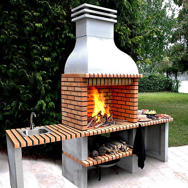 MOVELAR - Barbecue préfabriqué à bois et charbon de bois Altea (Gris, Orange - 268x70x255 cm) REF : M00042 - Usage Extérieur