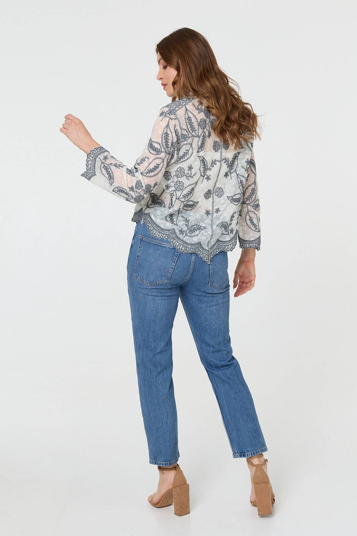 Izabel London Leaf Embroidered Semi Sheer Lace Shirt
