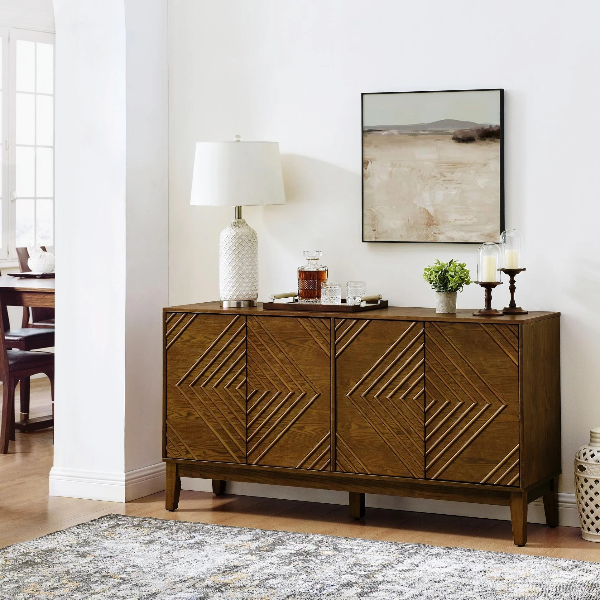 60 Mid Century Buffet Cabinet - Geometric Storage Sideboard