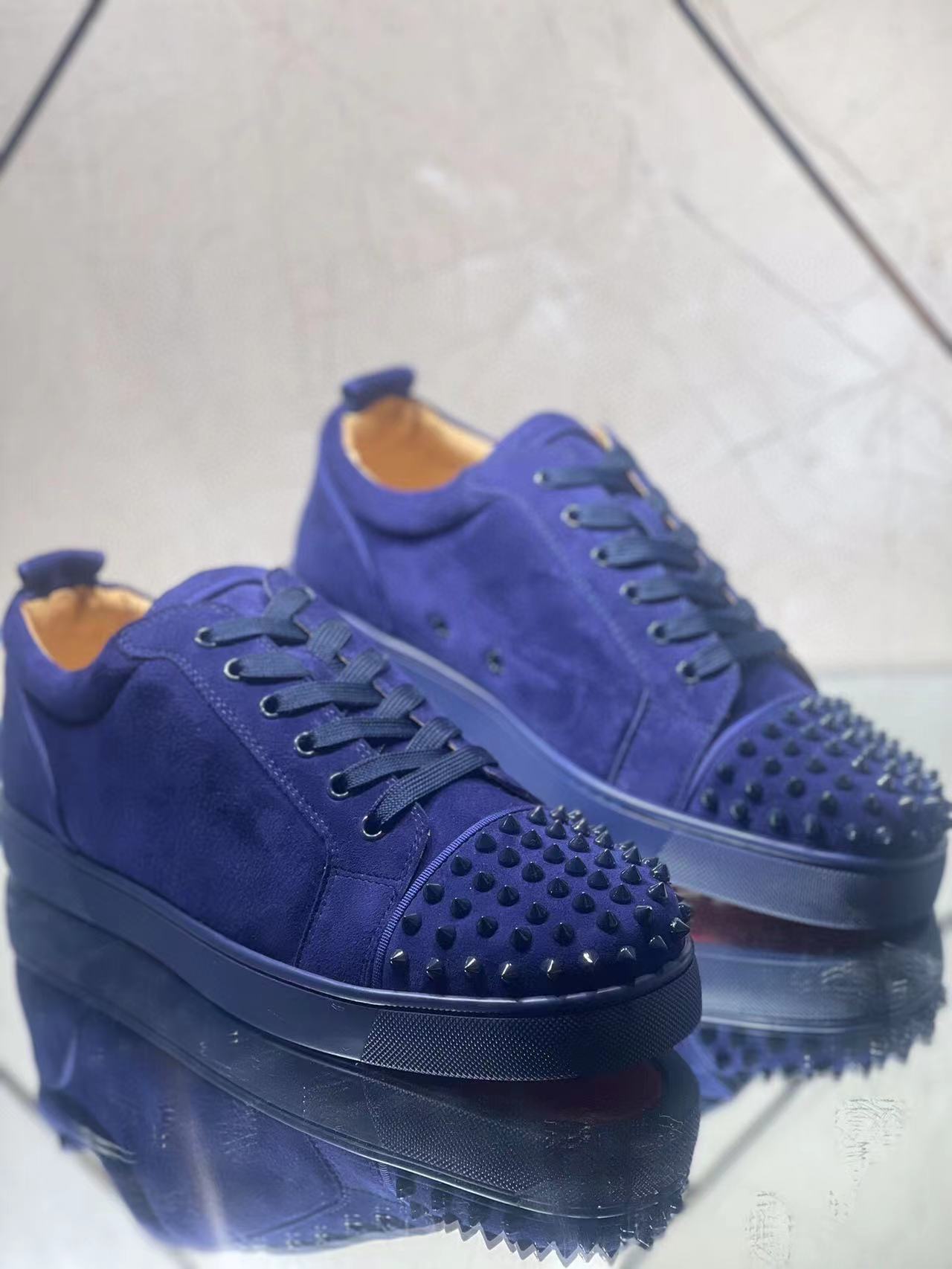 Christian Louboutin Louis Junior Spikes Flat Suede Sneakers Blue