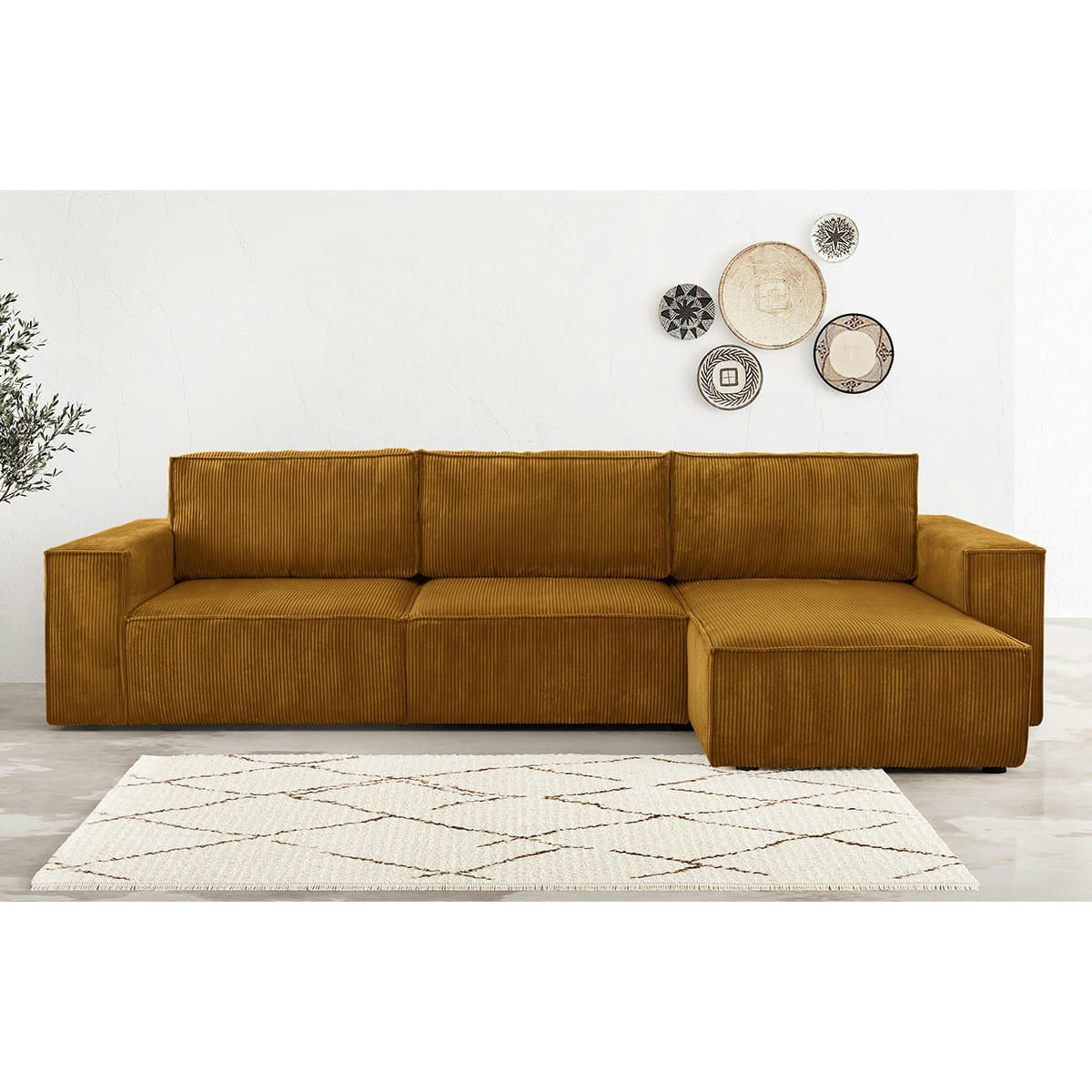 HARPER - Canapé d'angle convertible 5 places en velours côtelé jaune moutarde