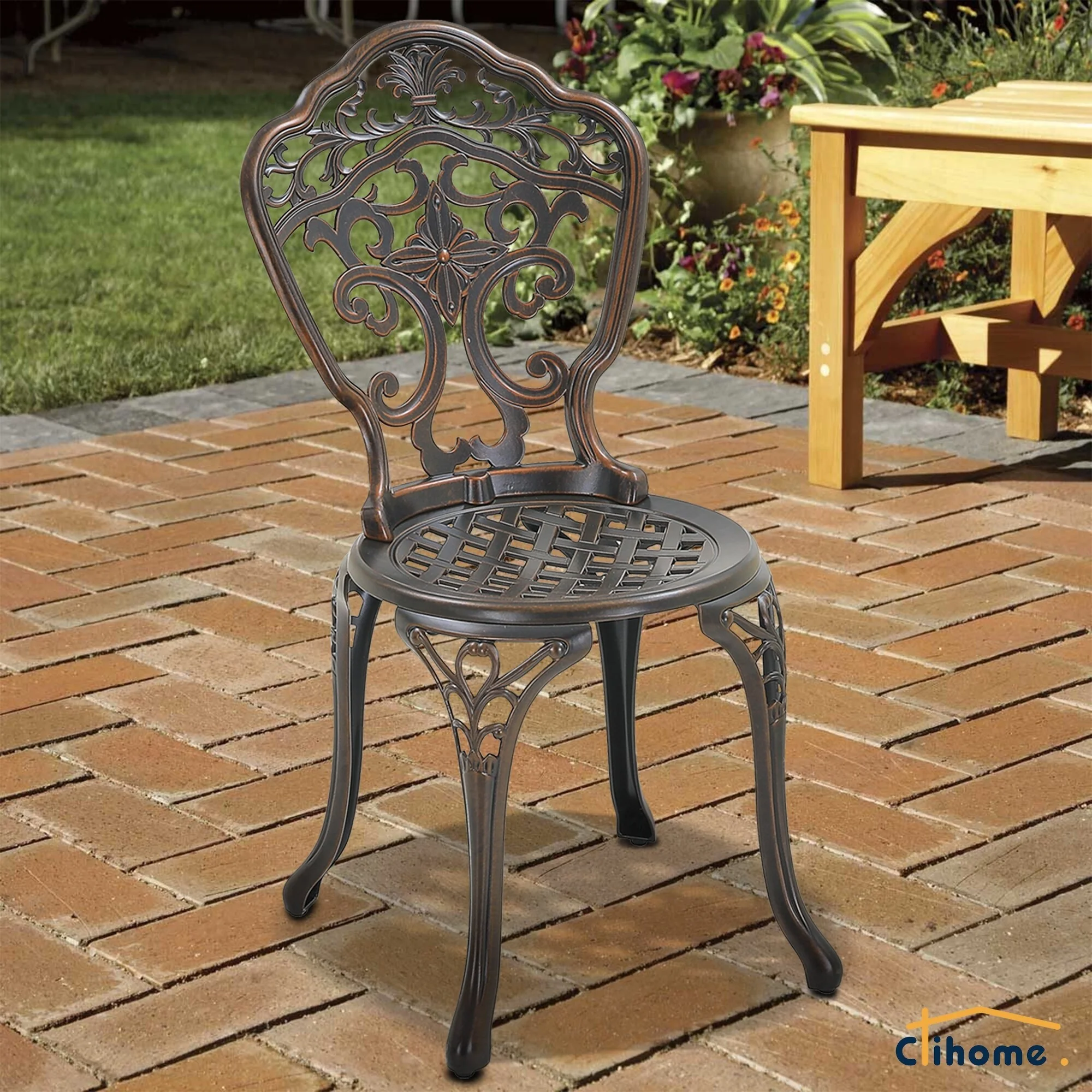 Clihome Patio Cast Aluminum Bistro Chair with Flower Design (Set of 2)
