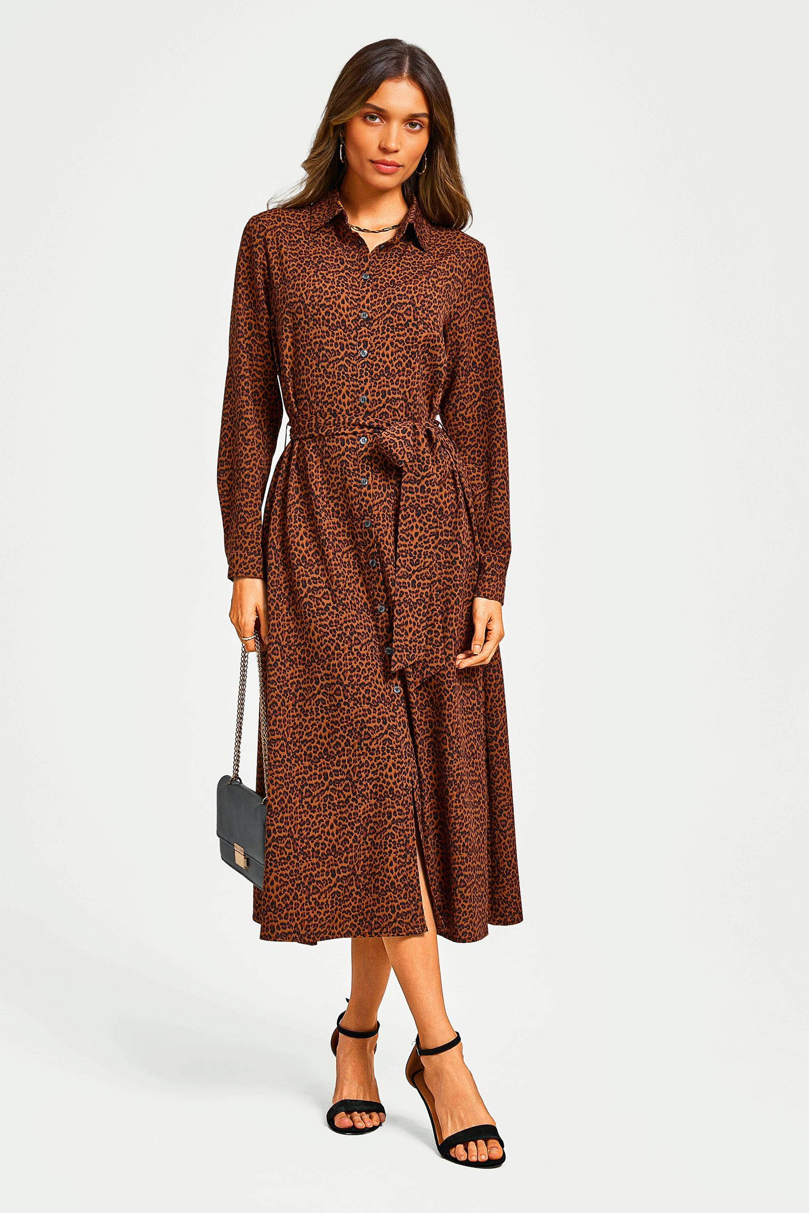 FS Collection Brown Leopard Print Shirt Midi Dress
