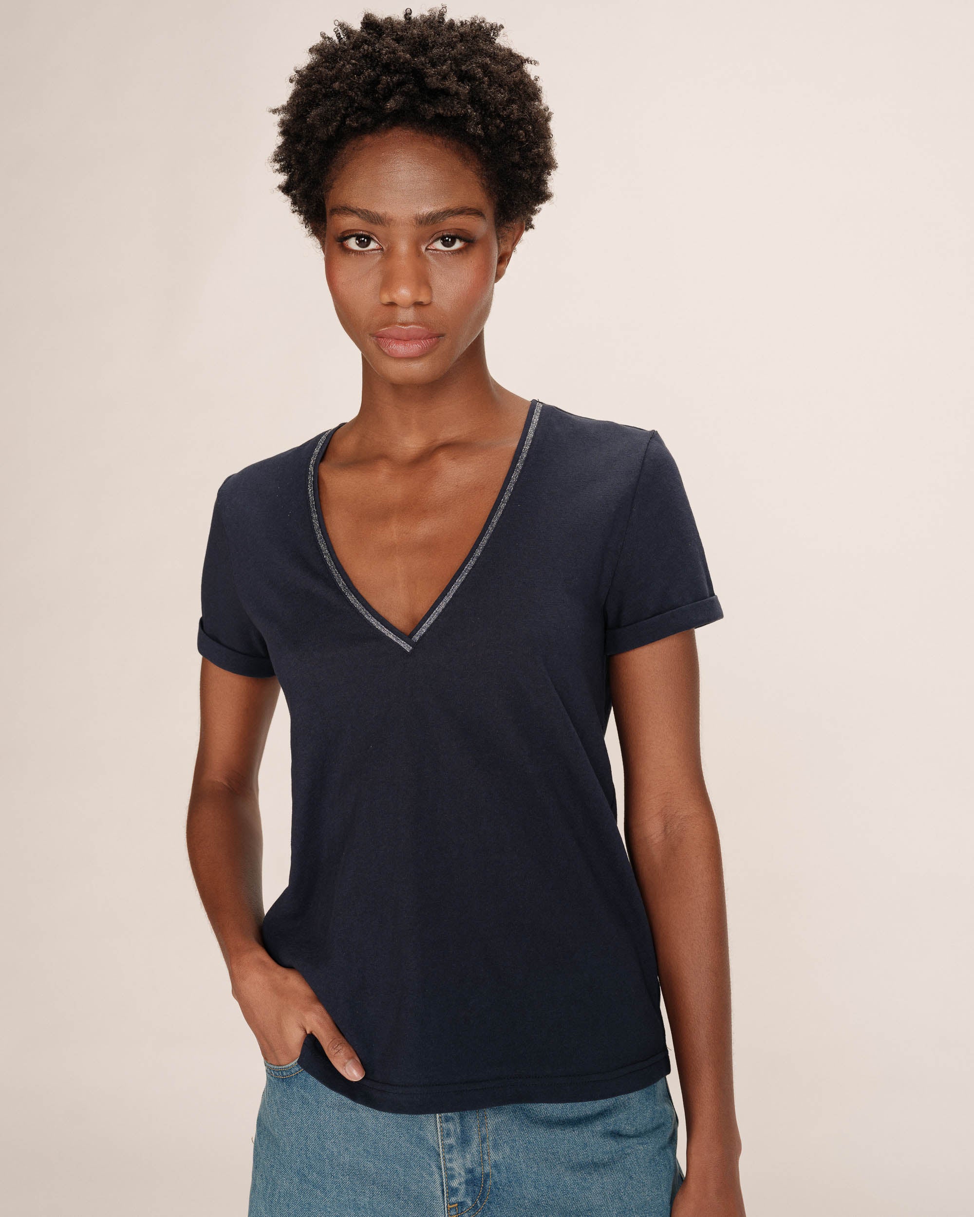 Top encolure en lurex marine Tim