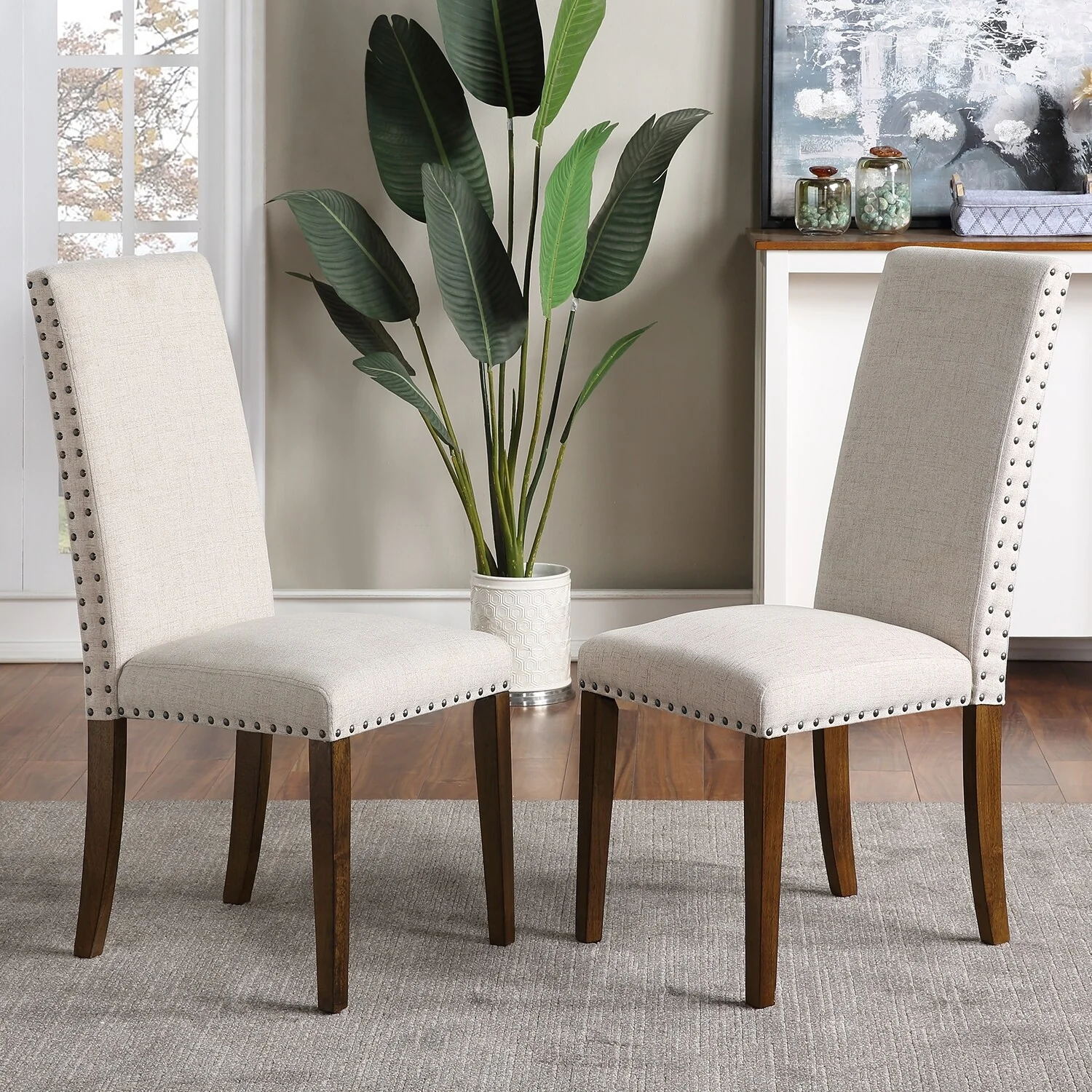 Modern Fabric Dining Chairs Upholstered Dining Chairs with Copper Nails,Set of 2
