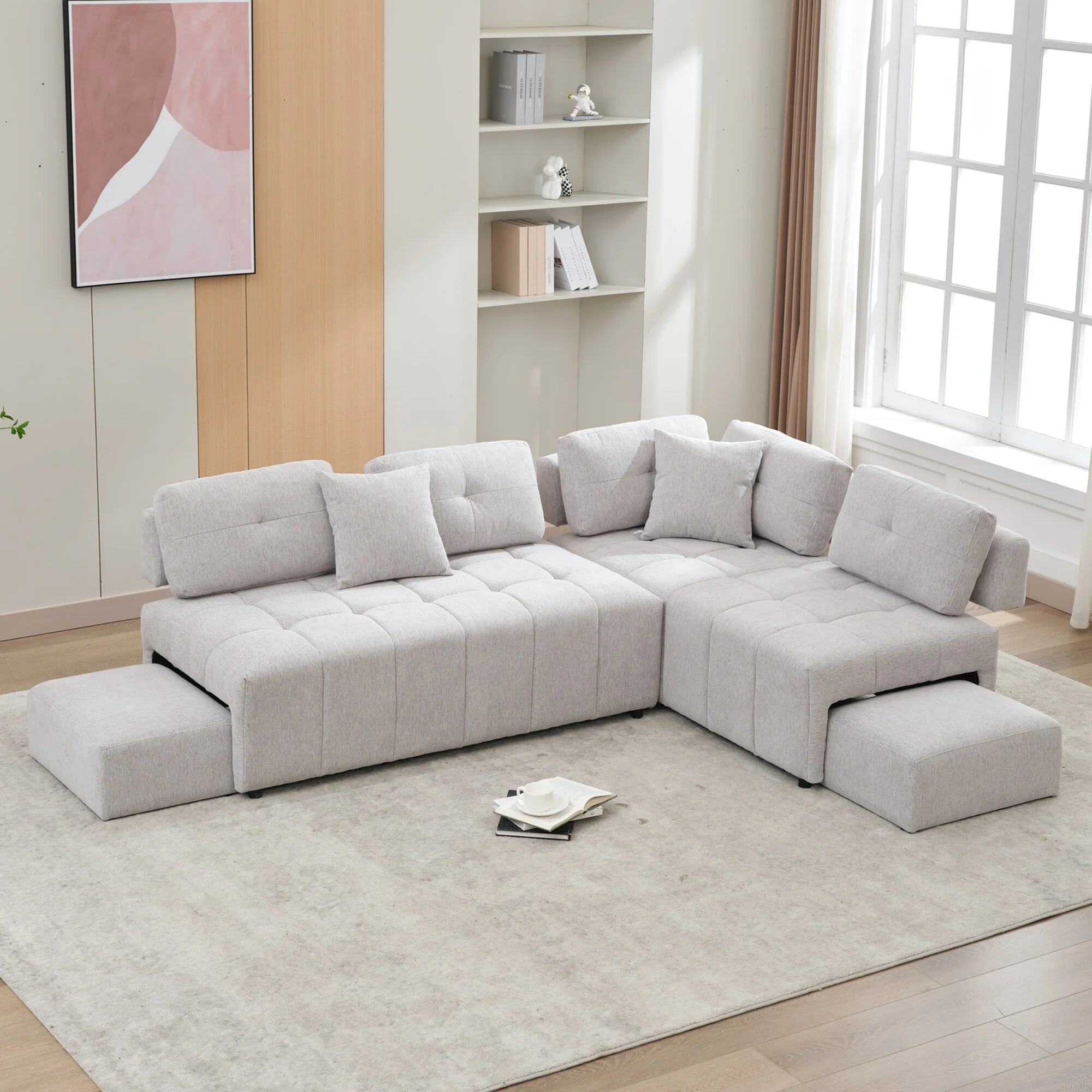91.73 L-Shaped 4-Seat Sectional Sofa with 2 Hidden Stools, 2 Removable Lumbar Cushions, and Durable Chenille Upholstery