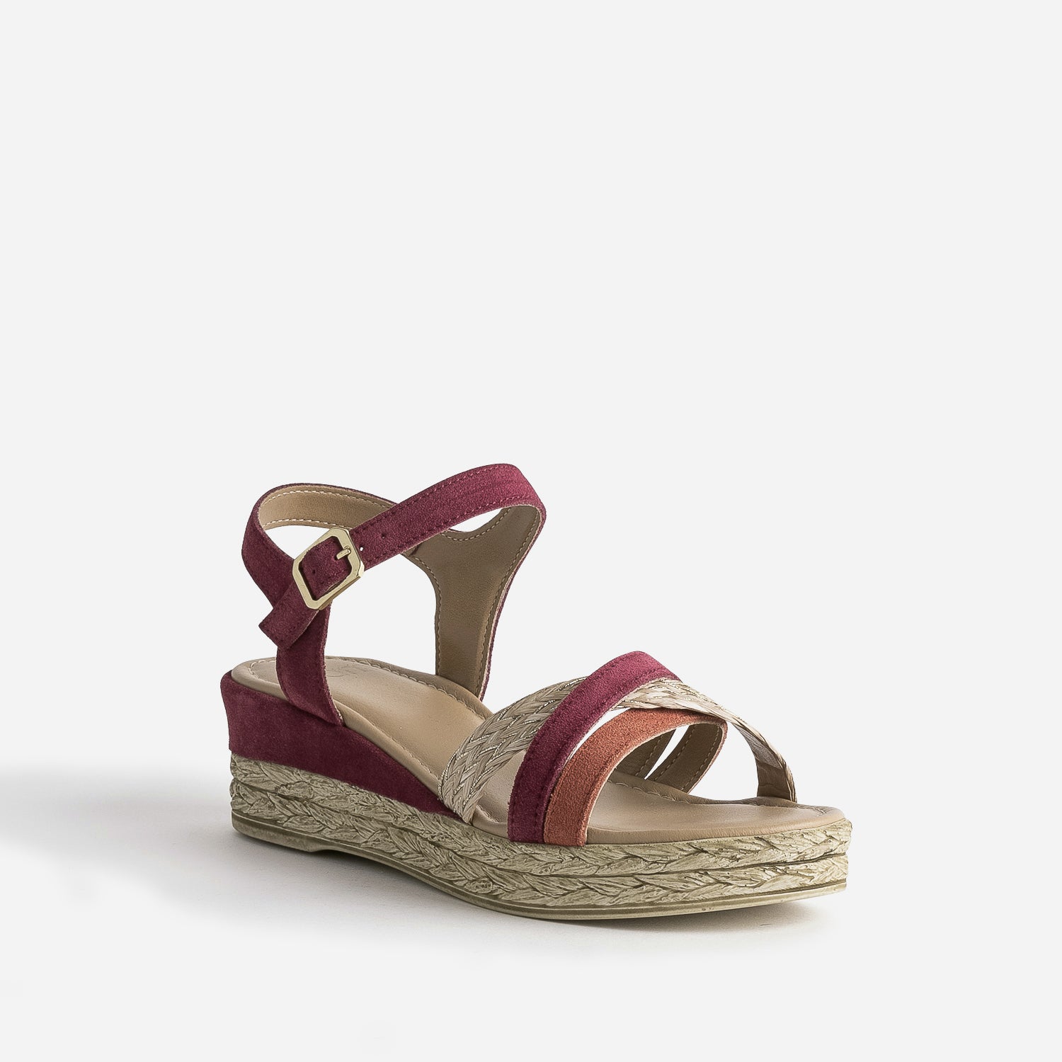 Sandale compensée prune en cuir velours