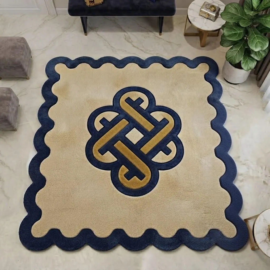 Hand Tufted Wool Rug, Navy Gold Celtic Knot Design, Scalloped Wavy Border Area Rug, Luxury Living Room Carpet, Custom Size Bedroom Rug