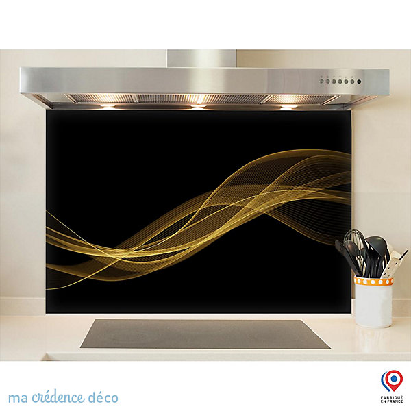 Crédence cuisine fond de hotte Courbe dorée 2 - Verre trempé - L 90 cm x H 70 cm - MaCrédenceDéco