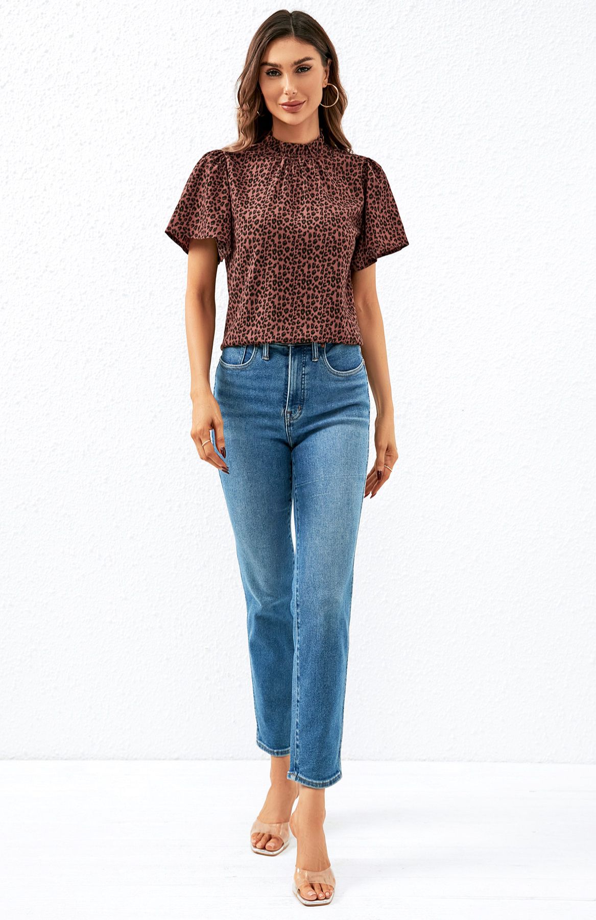 FS Collection Leopard Print Angel Sleeve High Neck Top/Blouse In Rusty