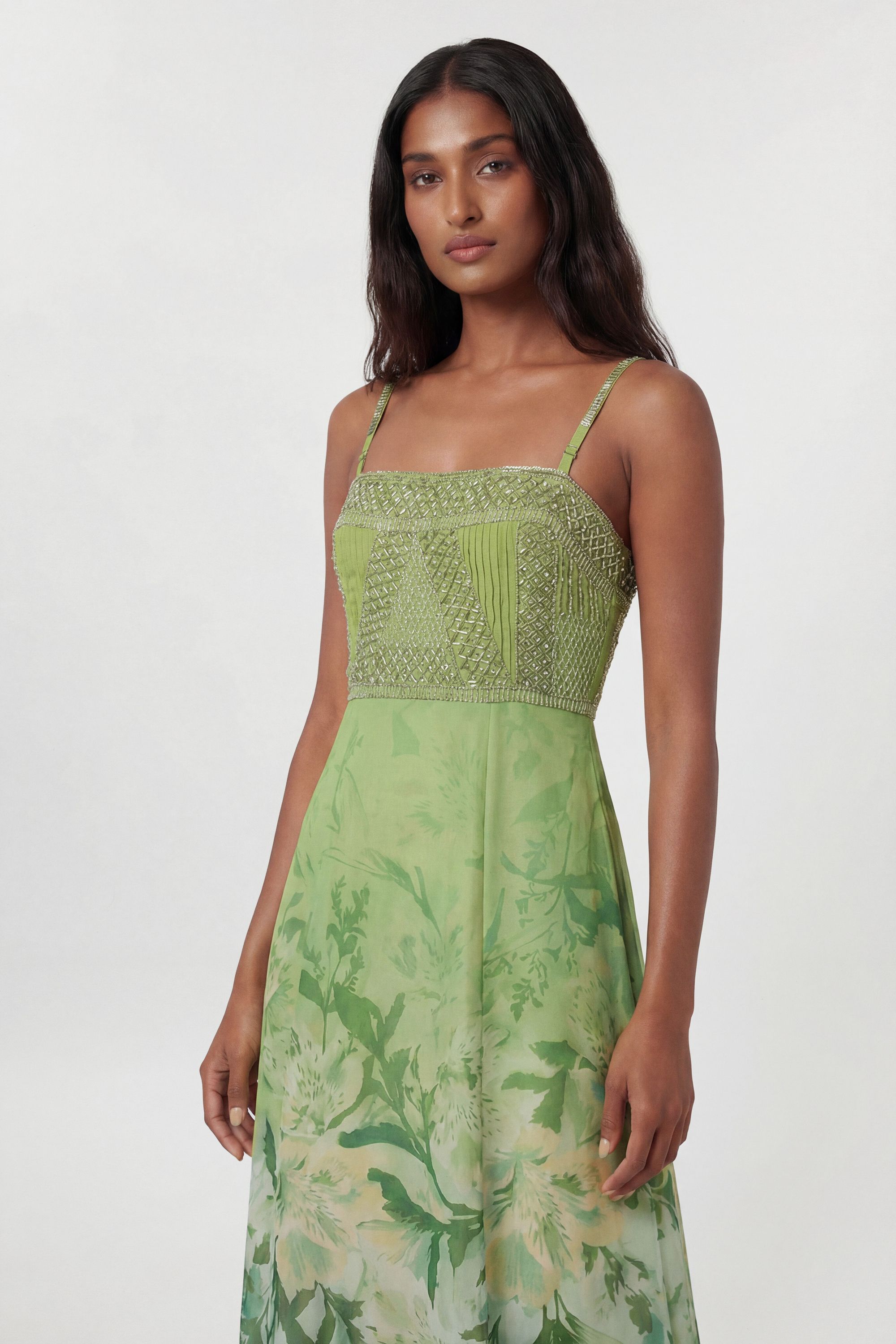 KarenMillen Embellished Ombre Floral Pleated Woven Bandeau Maxi Dress