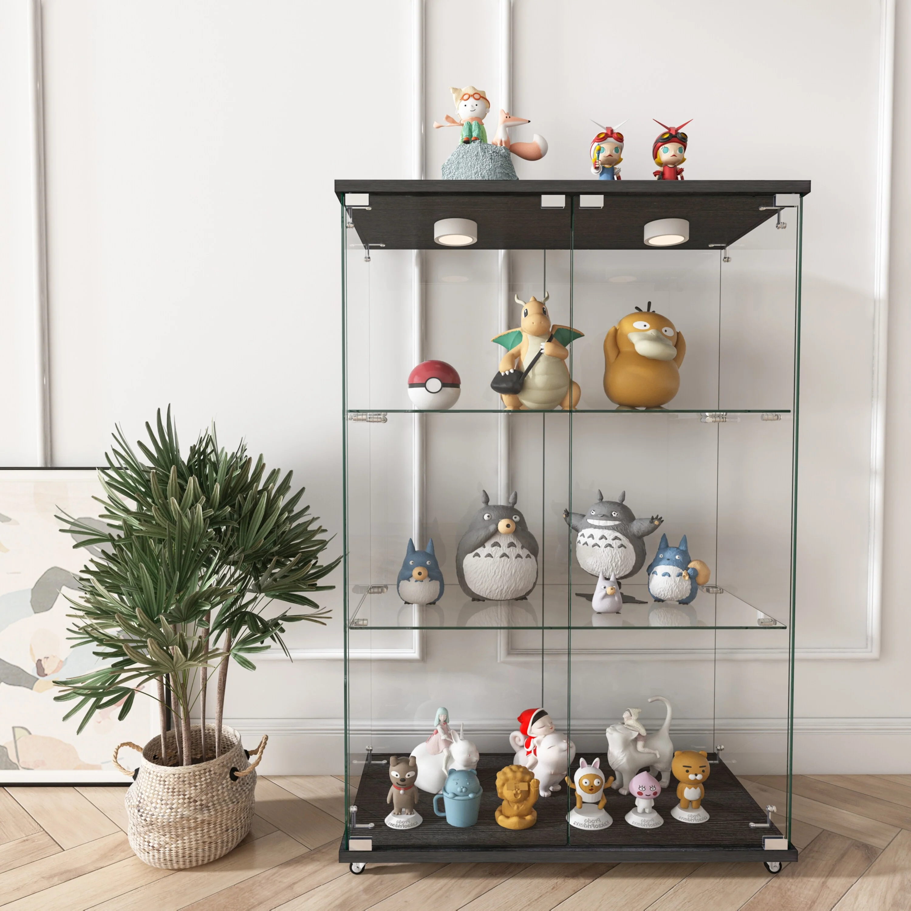 Modern Glass Display Cabinet with LED lights, Quick-assembly Antique Cabinet, Tempered Glass Bookshelf