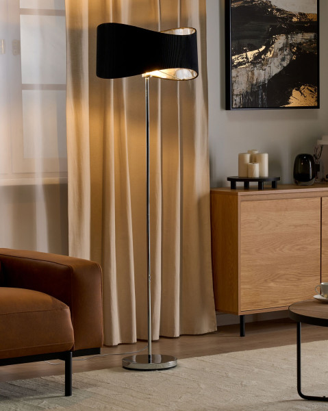 Lampa podłogowa czarny abażur sztuczny jedwab srebrna