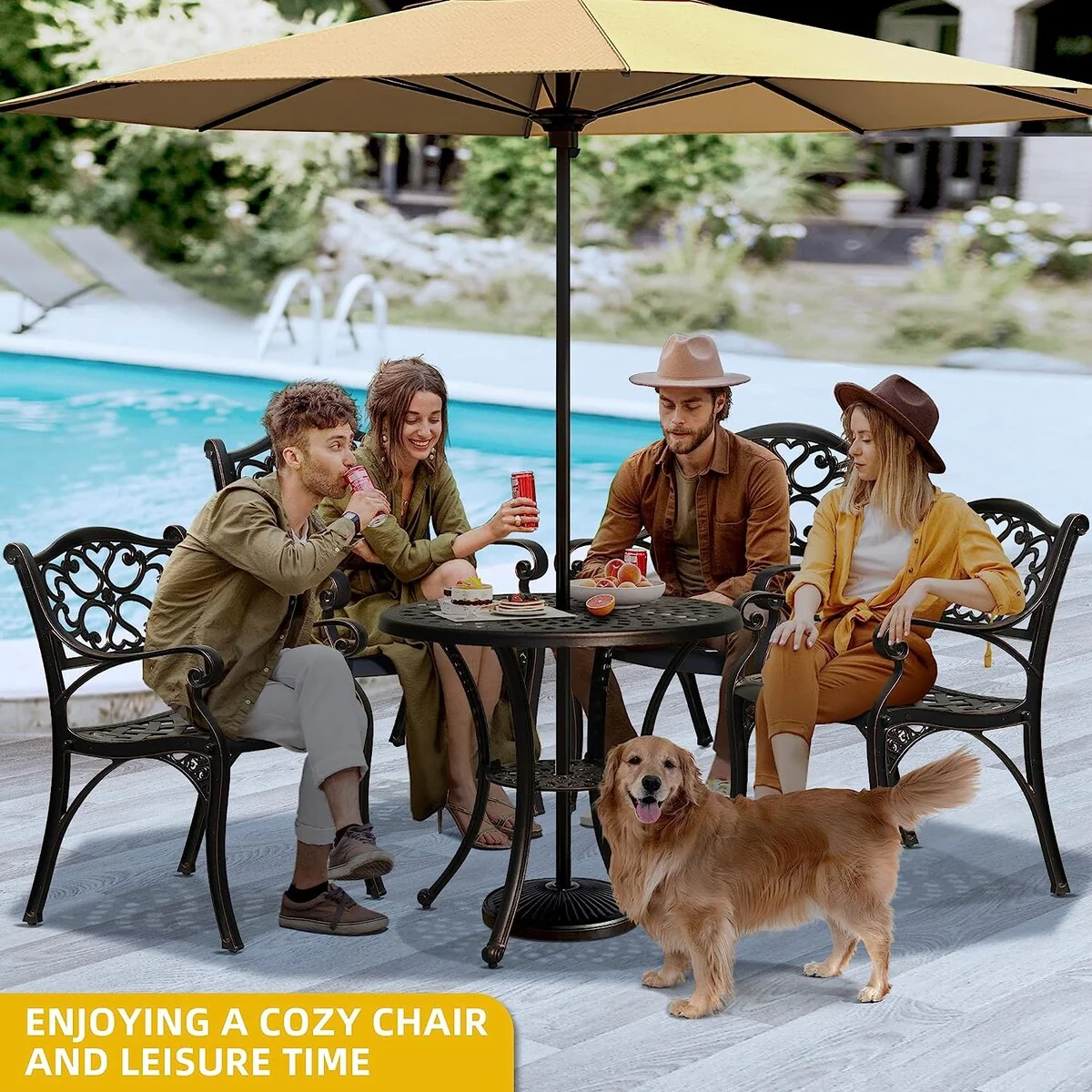 5-piece Bistro Set Cast Aluminum Patio Dining Sets with Umbrella Hole