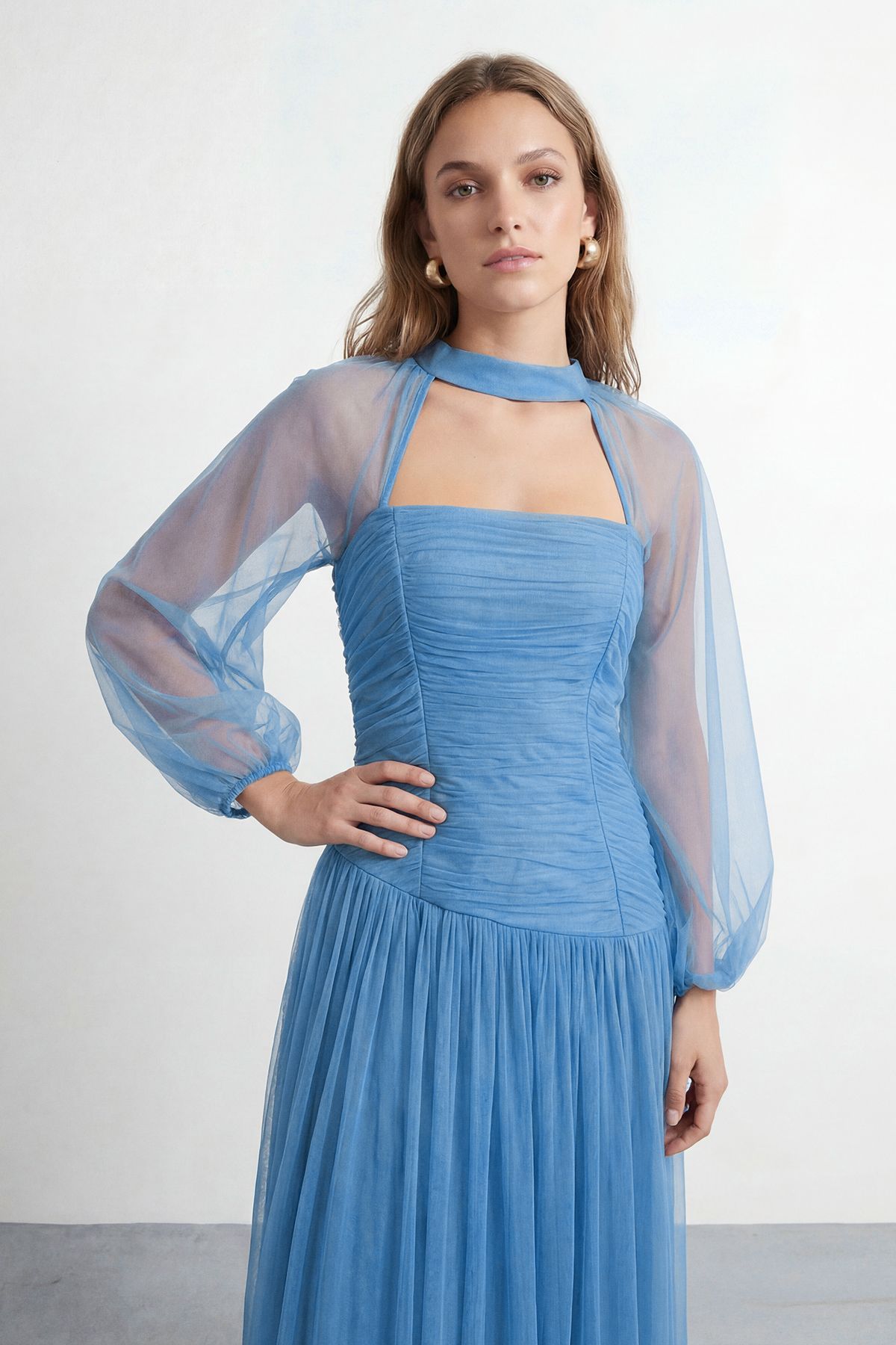 Warehouse Petite Bow Detail Gathered Tulle Maxi Dress with Open Neck